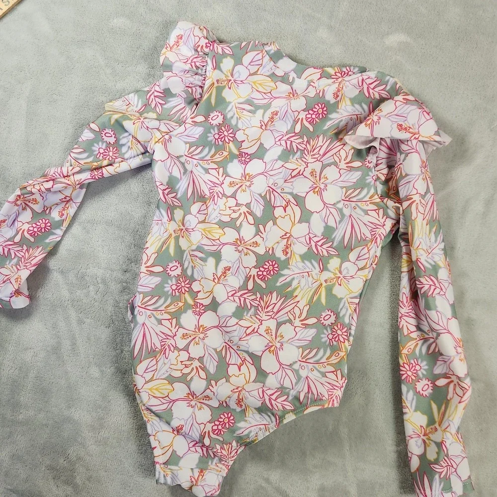 Wonder Nation Girl Swimsuit 5T Pink Multicolor Floral Long Sleeve Ruffle 1/4 Zip